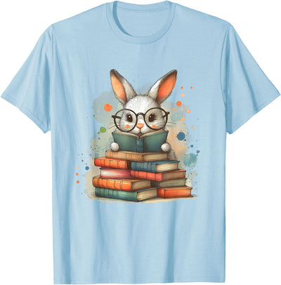 Bunny with Glasses Reading Books Watercolor T-Shirt