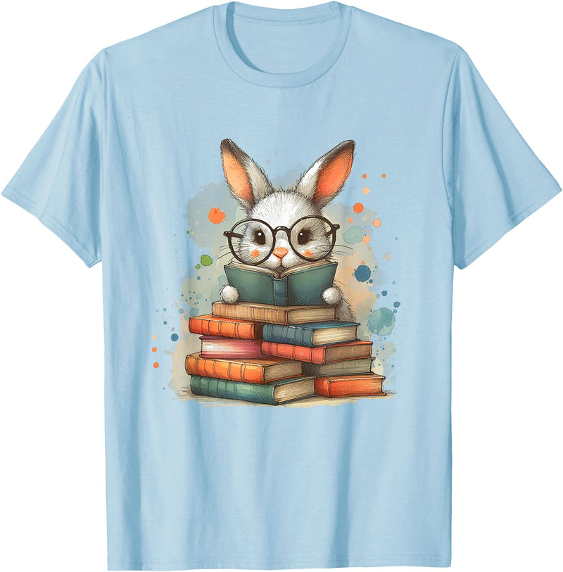Reading Bunny with Glasses Bookworm Books Reader Unisex-Adults T-Shirt in Baby Blue