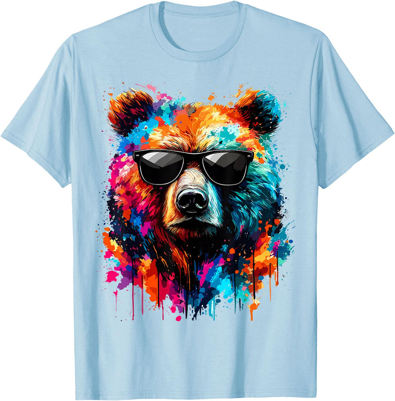 Funny Colorful Bear Lover Wildlife Colourful Bear with Sunglasses T-Shirt - Baby Blue