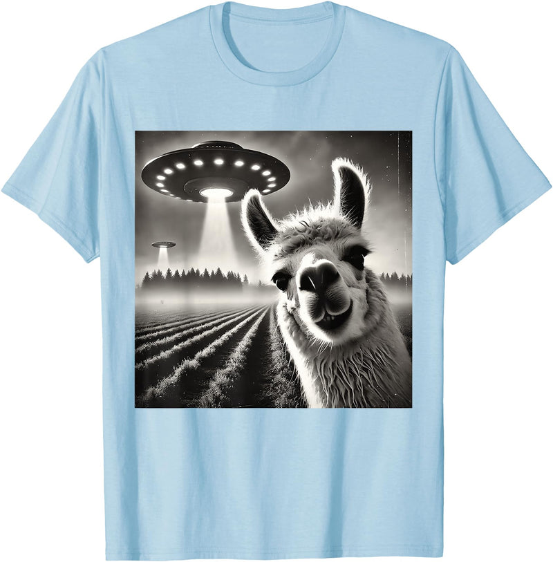ÄLlamaAlpacaCo. Funny Llama Alpaca Selfie UFOs T-Shirt - Baby Blue