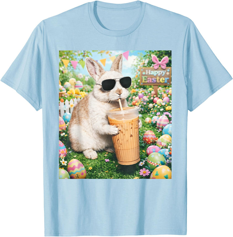 Rabbit Drinking Iced Coffee Funny Easter Bunny Men Women T-Shirt (Black) in Baby Blue