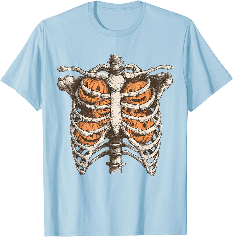 Ribcage Pumpkin Spooky Halloween Women Men Kids Retro Vintage 90s Ribcage Pumpkin Face Horror Halloween T-Shirt - Baby Blue