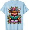 Funny Highland Cow Lover Highland Cow Book Floral Bookworm T-Shirt - Baby Blue
