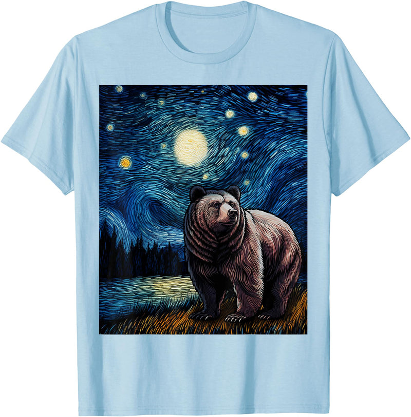 Starry Night Wildlife Graphic Grizzly Bear Van Gogh Starry Night Grizzlies Animal T-Shirt - Baby Blue