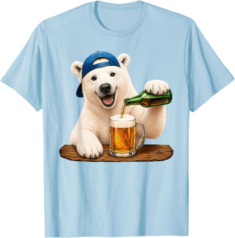 Funny Polar Bear Beer Happy Apparel Polar Bear Drinking Beer Funny Animal Meme Lovers Men Women T-Shirt - Baby Blue