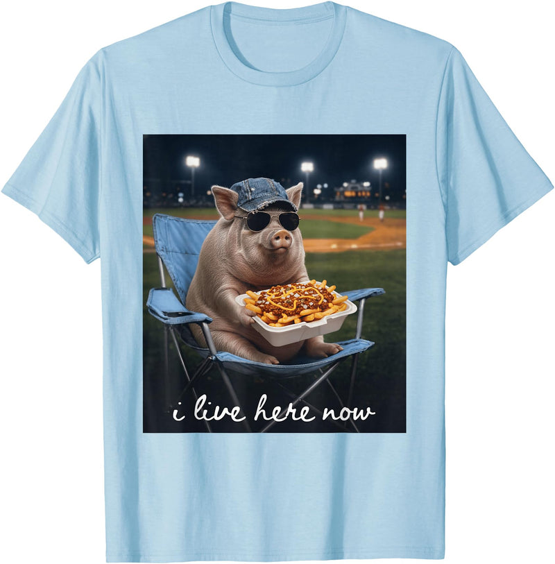 Funny Men Women Pig Baseball Outfit Funny Pig Baseball I Live Here Now T-Shirt - Baby Blue
