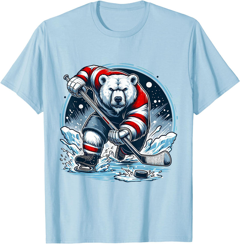 Hockey Player Love Polar Bear Hockey Bear on Ice: A Funny Polar Bear Playing Hockey T-Shirt - Baby Blue