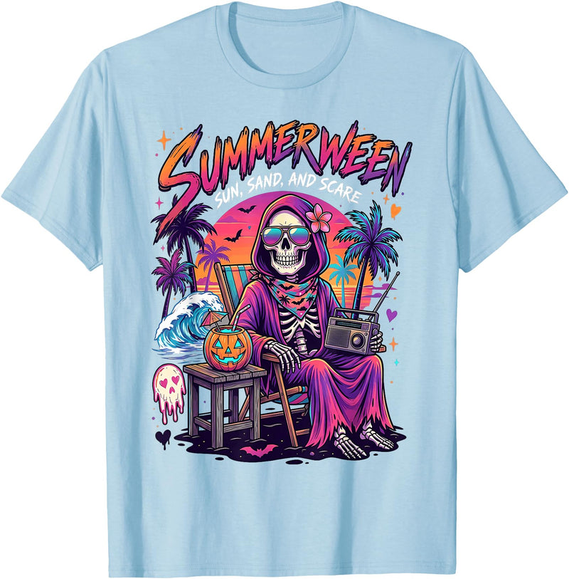 Summerween Halloween in July Spooky Summer Horror summerween Sun Sand and Scare Skeleton Halloween T-Shirt - Baby Blue