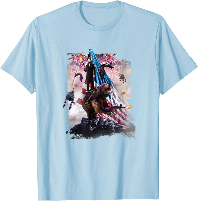 Random Galaxy Abe Lincoln Riding Bear American Patriotic Funny T-Shirt - Baby Blue