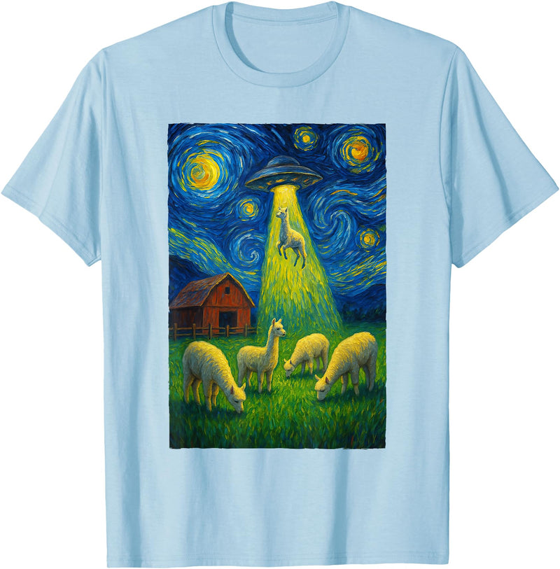 Farming UFO Llama Starry Night Painting Design Llama Alien UFO Abduction Starry Night Farmers T-Shirt - Baby Blue