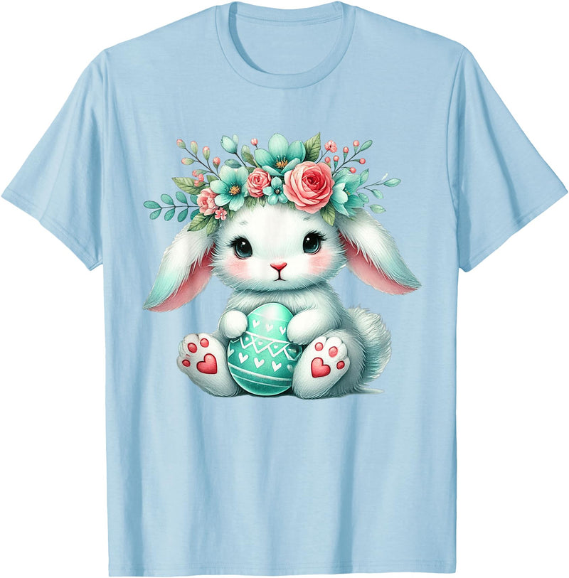 Easter Bunny with Flower Crown Girls Women Floral Cute T-Shirt in Baby Blue