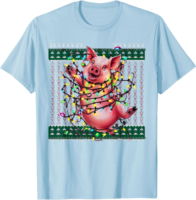 Christmas Sweater Tshirt For Men Women Santa Claus Christmas Family Xmas Ugly Christmas Outfit Merry Pig T-Shirt - Baby Blue