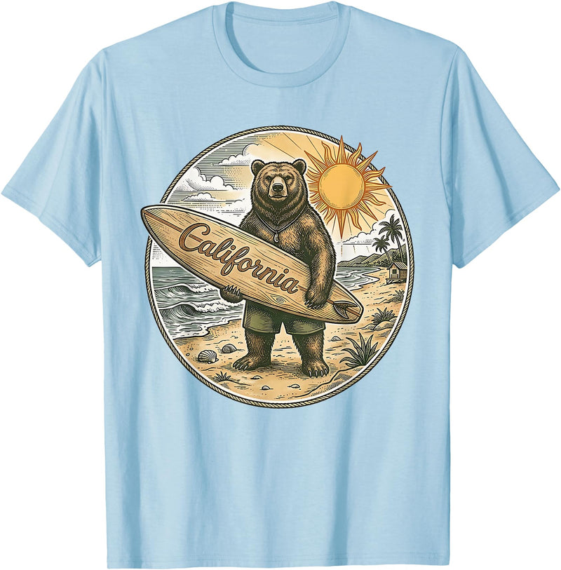 Retro Coastal Surf Bear Vintage Beach Apparel Vintage California Surf Bear Beach Retro Coastal Summer T-Shirt - Baby Blue