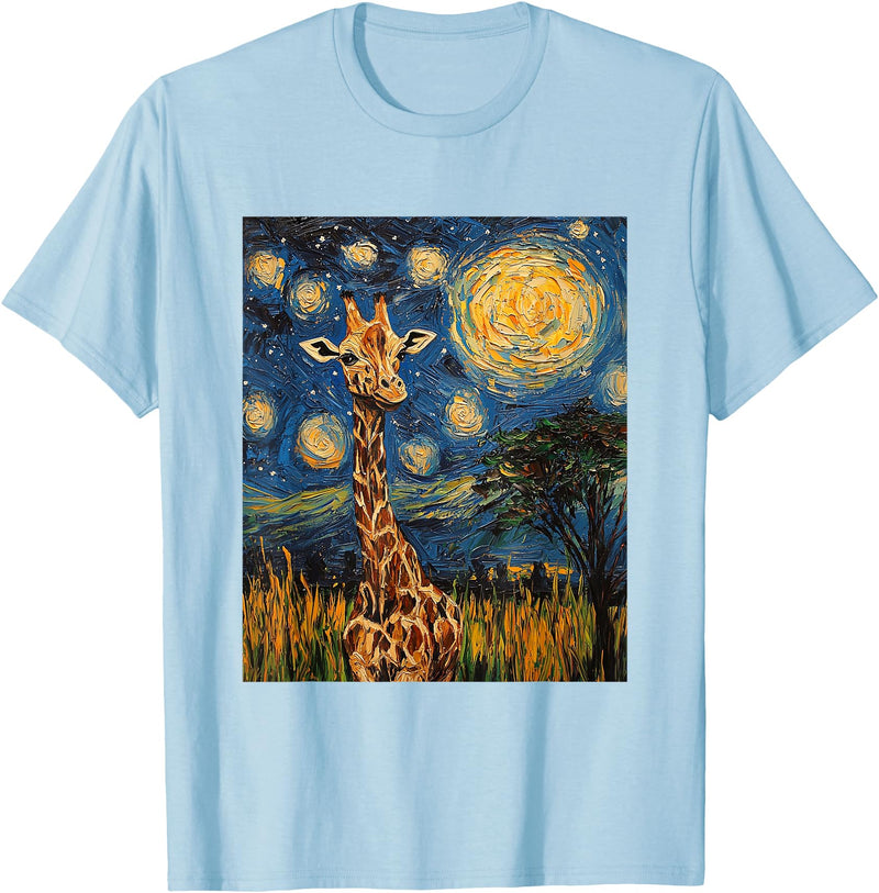 Giraffe Designs. Giraffe Africa Van Gogh Style Starry Night Cute Graphic T-Shirt - Baby Blue