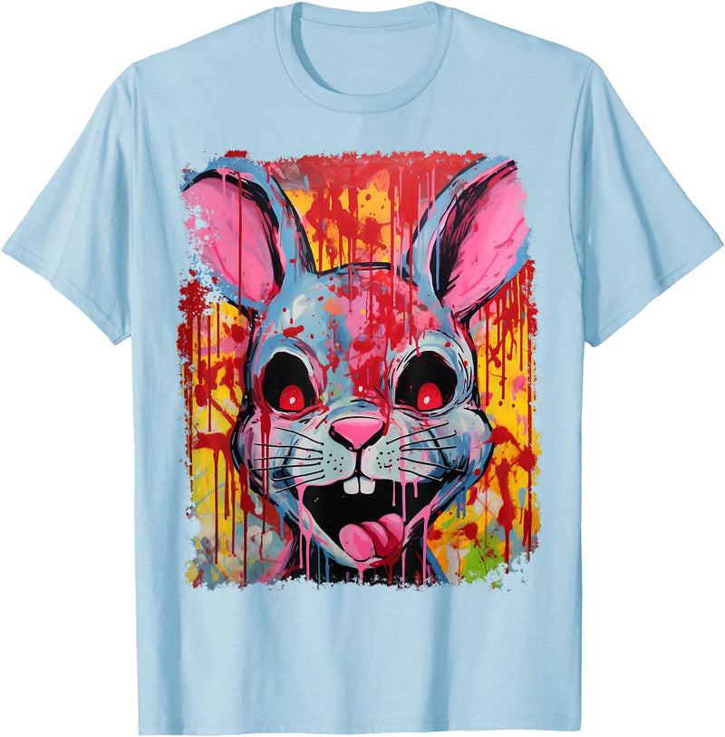 Pop Art Colorful Killer Bunny Rabbit Halloween T-Shirt in Baby Blue
