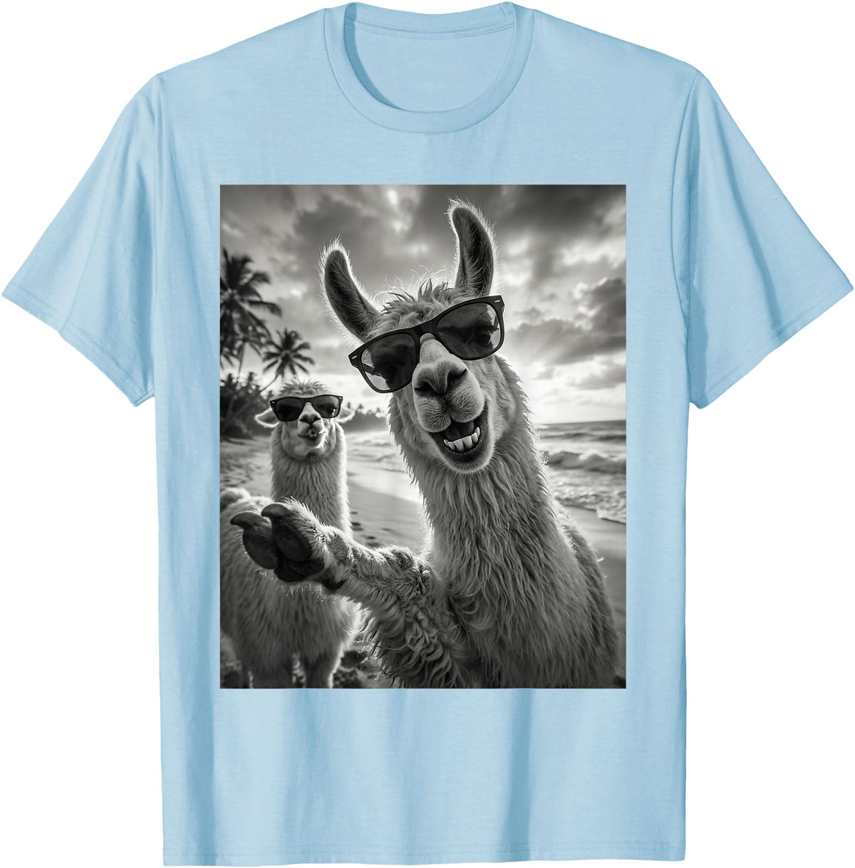 Funny Llama Stuff Accessories & Gifts Cool Llama Selfie At The Beach, Cute Llamas Alpaca T-Shirt - Baby Blue