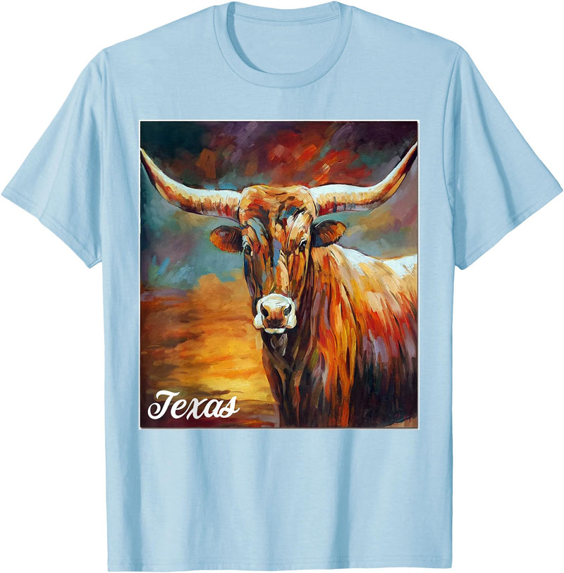 Longhorn Cow Shirts - Longhorn Cattle Gifts - Texas Cattle T-Shirt - Baby Blue