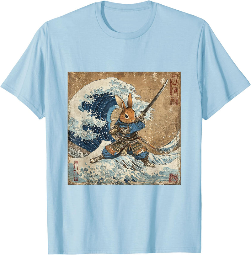 Bunny Rabbit Samurai Warrior Vintage Japanese Art Anime T-Shirt in Baby Blue