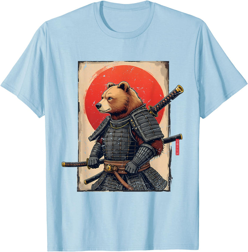 Japanese Samurai Bear Woodblock Art Samurai Brown Bear Ukiyo-e Ink Warrior Art Japanese Bear Art T-Shirt - Baby Blue