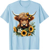Cute Highland Cow and Coquette Bow Highland Cow with Sunflowers T-Shirt - Baby Blue