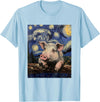 Cute Pigs Designs. Cute Pig Funny Van Gogh Style Starry Night Graphic T-Shirt - Baby Blue