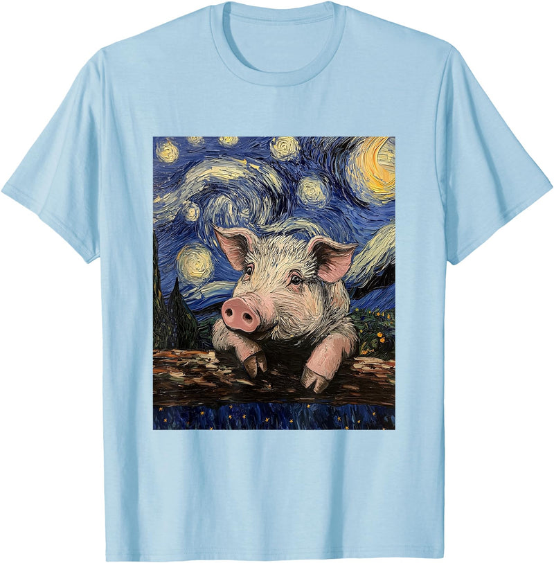 Cute Pigs Designs. Cute Pig Funny Van Gogh Style Starry Night Graphic T-Shirt - Baby Blue