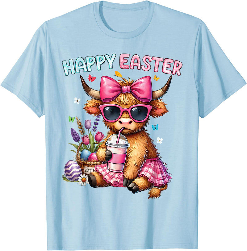 Farm Animal Highland Cow easter Gifts Happy Easter Day Highland Cow Cute Holiday Bunny Women Kids T-Shirt - Baby Blue