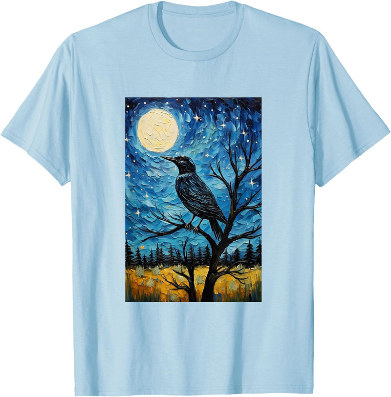Bird Designs. Magpie Crow Raven Bird Van Gogh Style Starry Night Graphic T-Shirt - Baby Blue