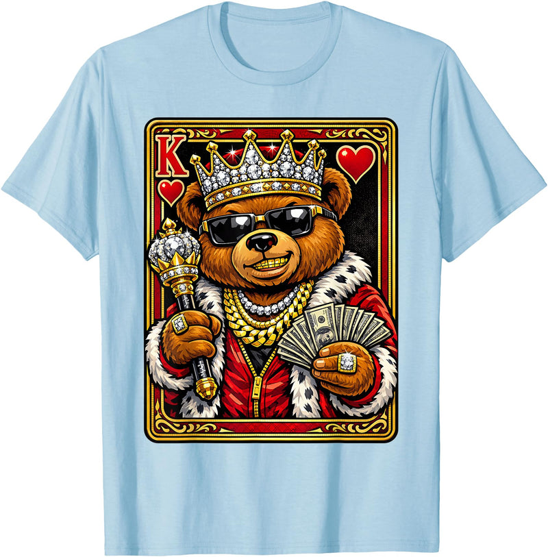 Teddy Bear King and Queen Matching Couples Designs King of Hearts Hip Hop Dripped Out Teddy Bear Hustle Money T-Shirt - Baby Blue