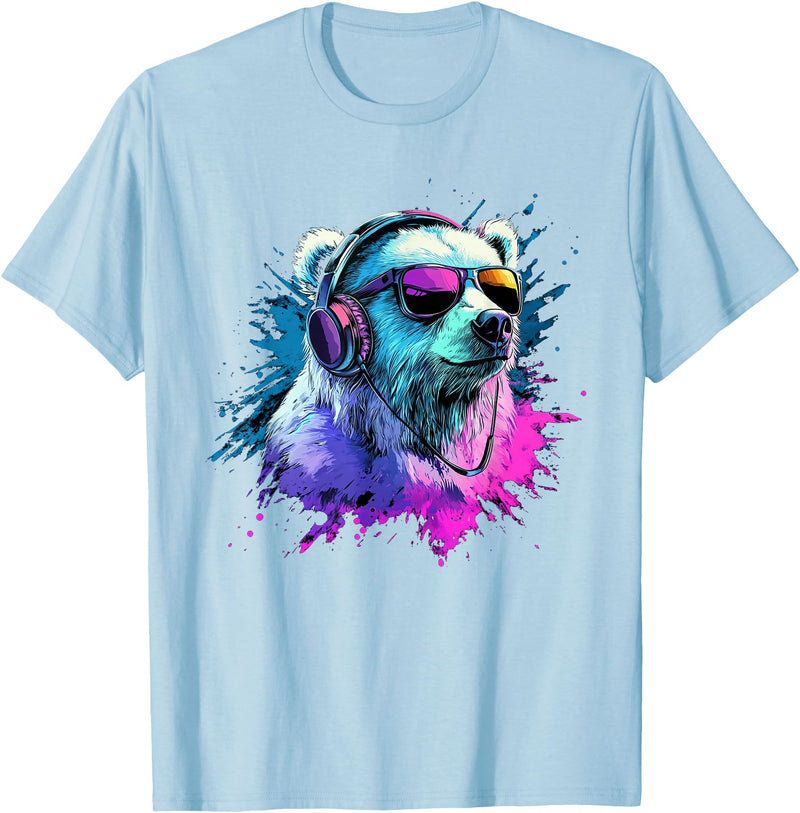 Colorful Artistic Polar Bear Animal Motifs Polar Bear Colorful Music Headphones Artistic Polar Bears T-Shirt - Baby Blue
