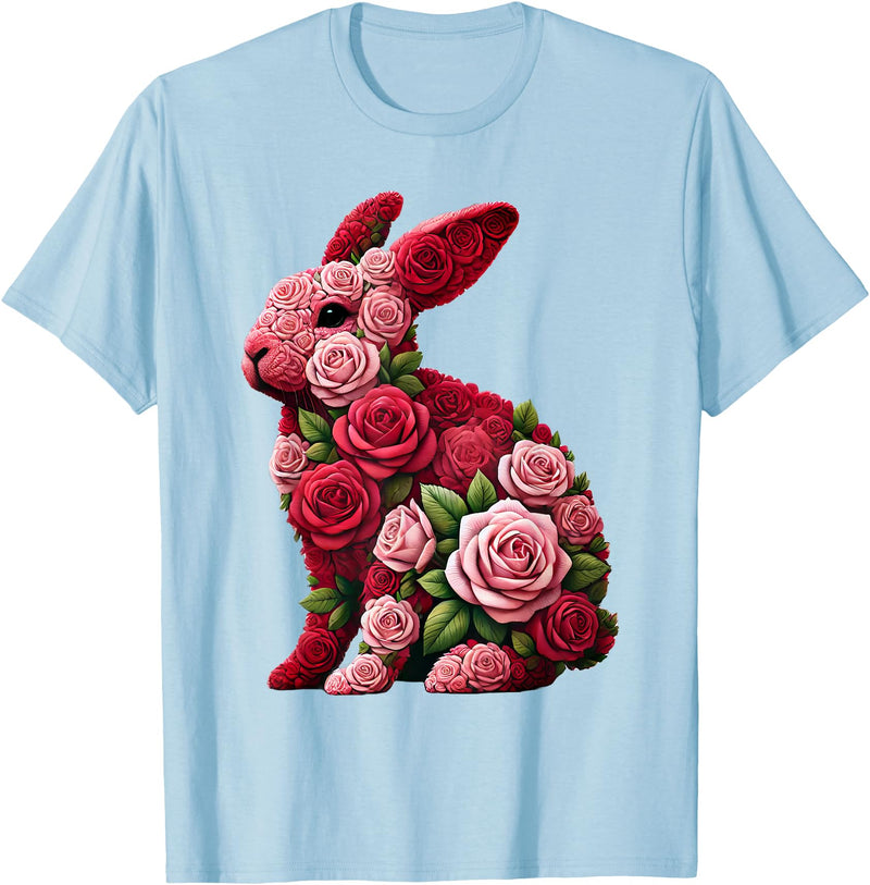 Rose Rabbit Bunny Flower Gardening Floral T-Shirt in Baby Blue