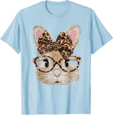 Cute Bunny Rabbit Face Leopard Coquette Bow Glasses Easter T-Shirt in Baby Blue