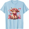 Happy Valentine Highland Cow Costume Love Clothing Valentine Highland Cow Print Cute Love Heart Flowers T-Shirt - Baby Blue