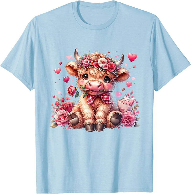 Happy Valentine Highland Cow Costume Love Clothing Valentine Highland Cow Print Cute Love Heart Flowers T-Shirt - Baby Blue