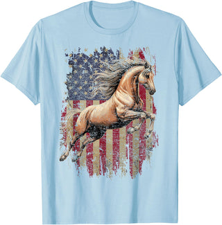 USA Flag Horse Lover Horse American Flag USA 4th of July Horses T-Shirt - Baby Blue