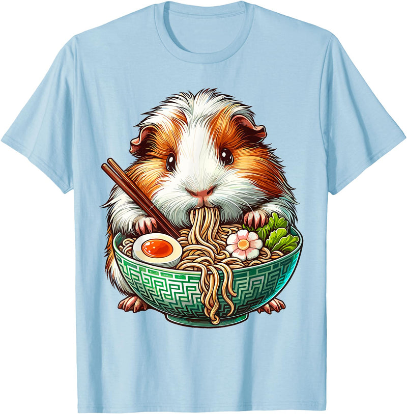 Cute Guinea Pig Gifts Guinea Pig Eating Ramen Japanese Noodles T-Shirt - Baby Blue