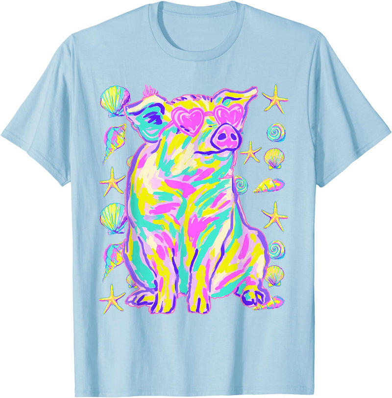 Coastal Summer Animals Beach Art Cute Pig with Hearts Sunglasses Seashells Coastal Summer T-Shirt - Baby Blue