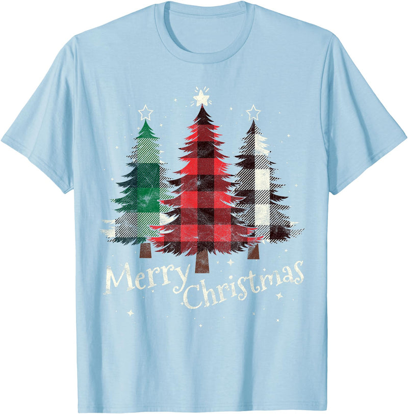 Merry Christmas Apparel Matching Family Clothes Merry Christmas Three Xmas Trees Buffalo Plaid Woman Gift T-Shirt - Baby Blue