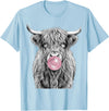 Bovine Bubbles Apparel Shaggy Highland Cow Blowing Bubble Gum Sketch T-Shirt - Baby Blue