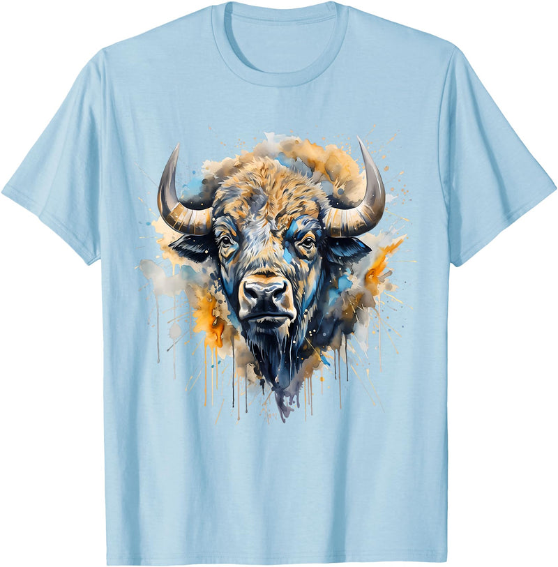 Safari Animal Art Buffalo Portrait Colorful Splash Artwork Wildlife Bison T-Shirt - Baby Blue
