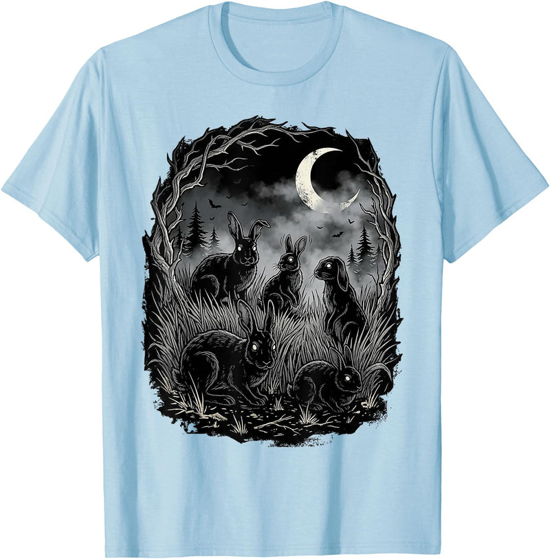 Midnight Woodland Rabbit Art Apparel Graphic Tees Creepy Black Rabbits Moonlit Forest Gothic Horror Halloween T-Shirt - Baby