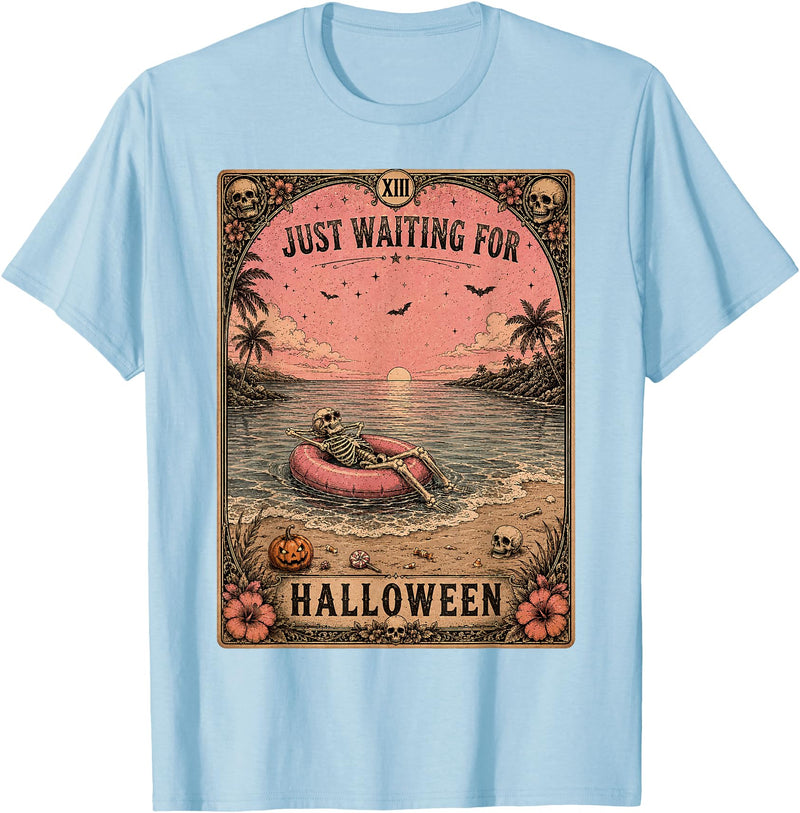 Just Waiting for Halloween Tarot Card art Halloween Tarot Card Spooky Summer Skeleton Just Waiting T-Shirt - Baby Blue