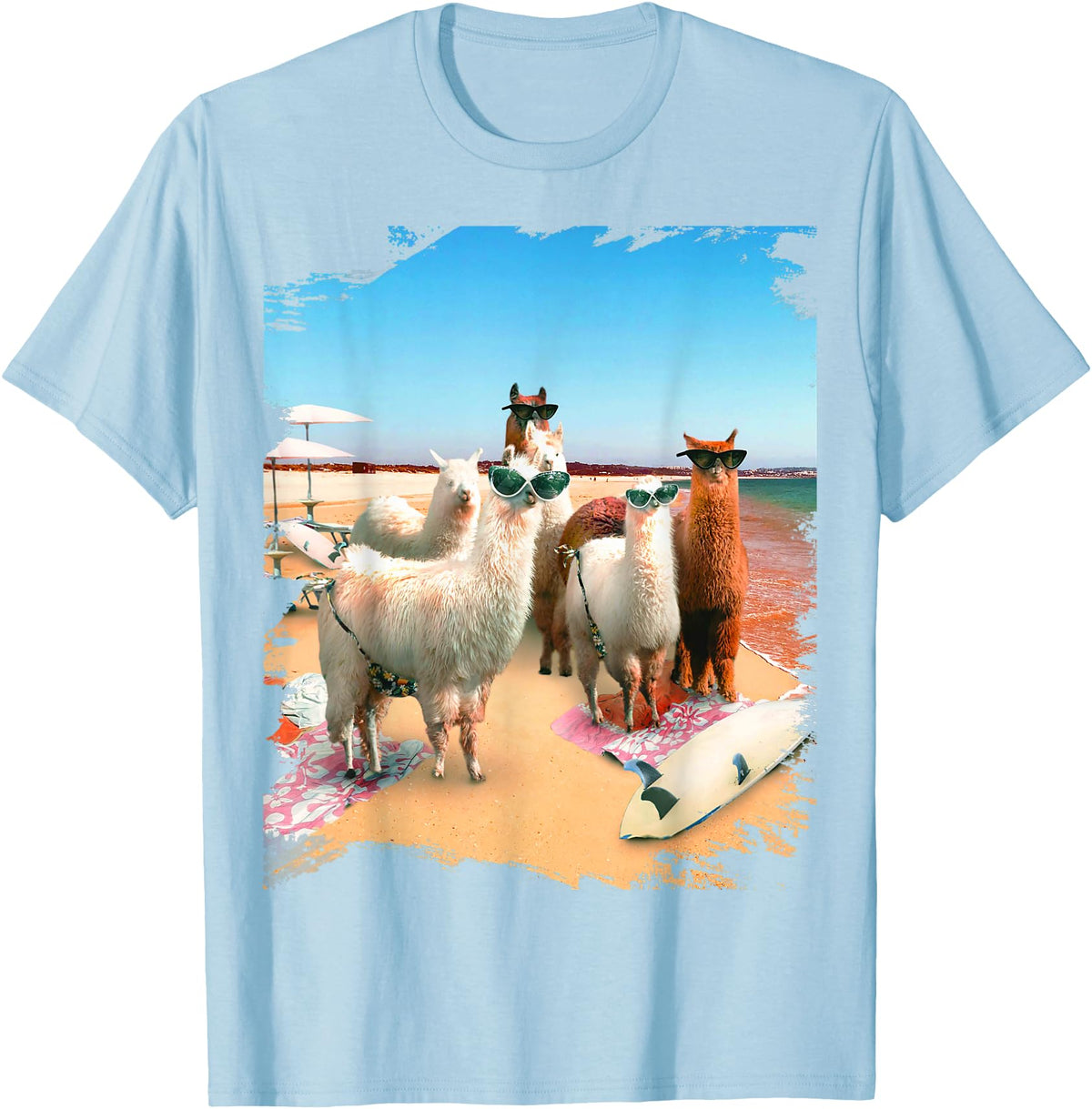 Random Galaxy Funny Llama Beach T-Shirt for Men Women Kids - Baby Blue