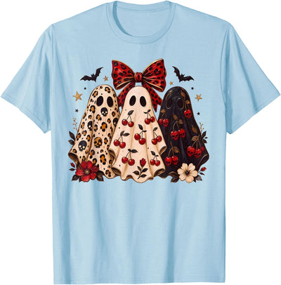 Skeleton Pumpkin Halloween For Women Girls Cute Coquette Ghost Leopard Bow Cherry Halloween Women Girls T-Shirt
