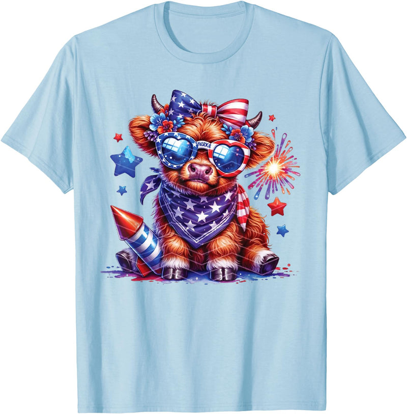 July 4th Highland Cow Farm Lovers America Costume Cute Highland Cow Florals 4th of July USA Flag Patriotic Cow T-Shirt -