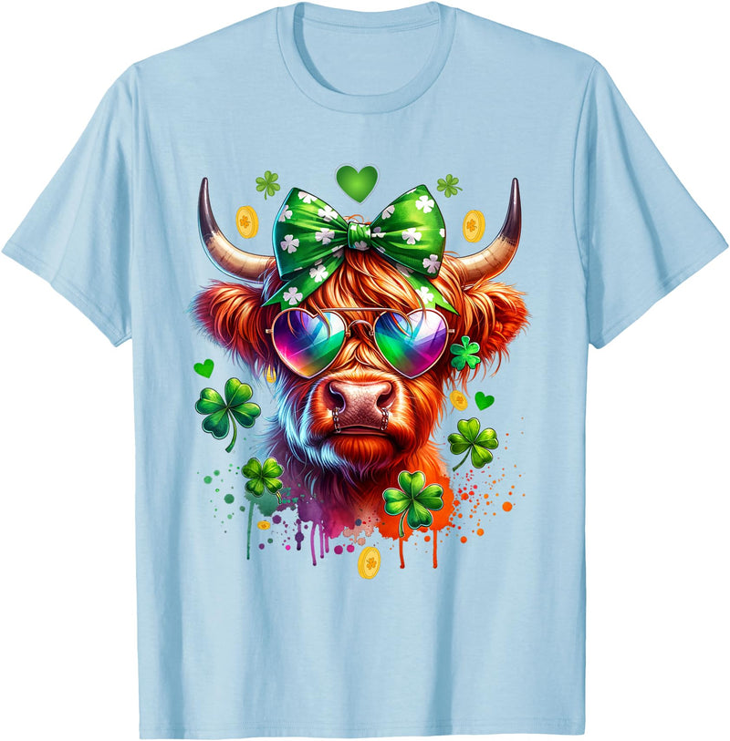 Funny St Paddy Highland Cow St Patricks Day Outfit Cute Highland Cow With Sunglasses St Patricks Day Funny T-Shirt - Baby