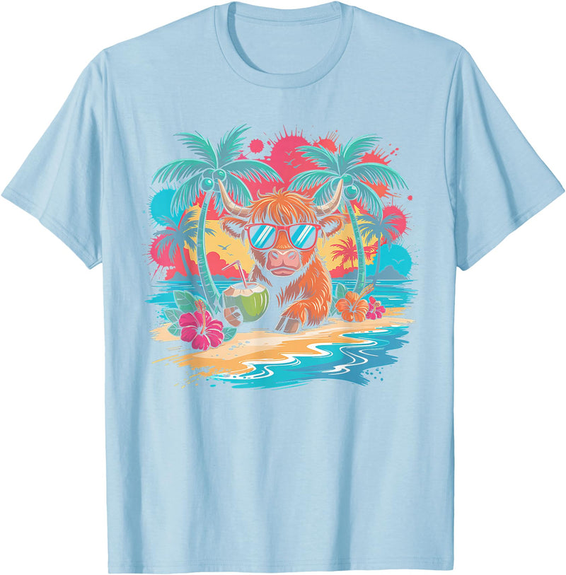Summer Vibes Highland Cow Funny Beach Vacation Tee Tropical Highland Cow Summer Vibes Funny Beach T-Shirt - Baby Blue