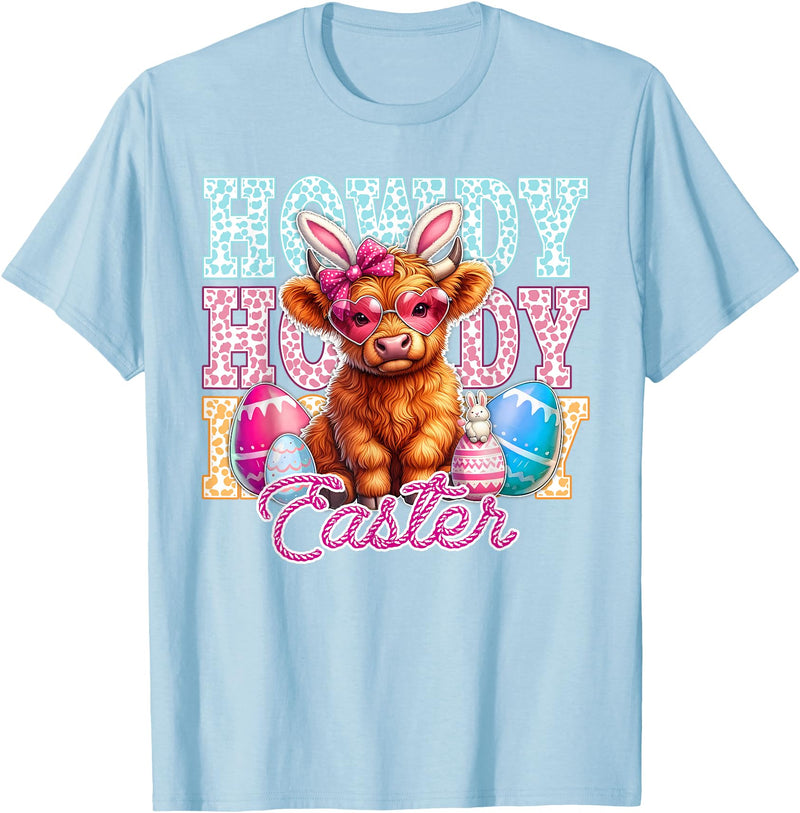 Highland Cow Easter Cute Western Farm Apparel Howdy Easter Cute Highland Cow Bunny Ears Western Easter T-Shirt - Baby Blue