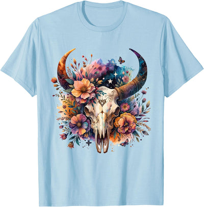 Cute Floral Western Wild Floral Cowgirl Cow Skull Boho T-Shirt