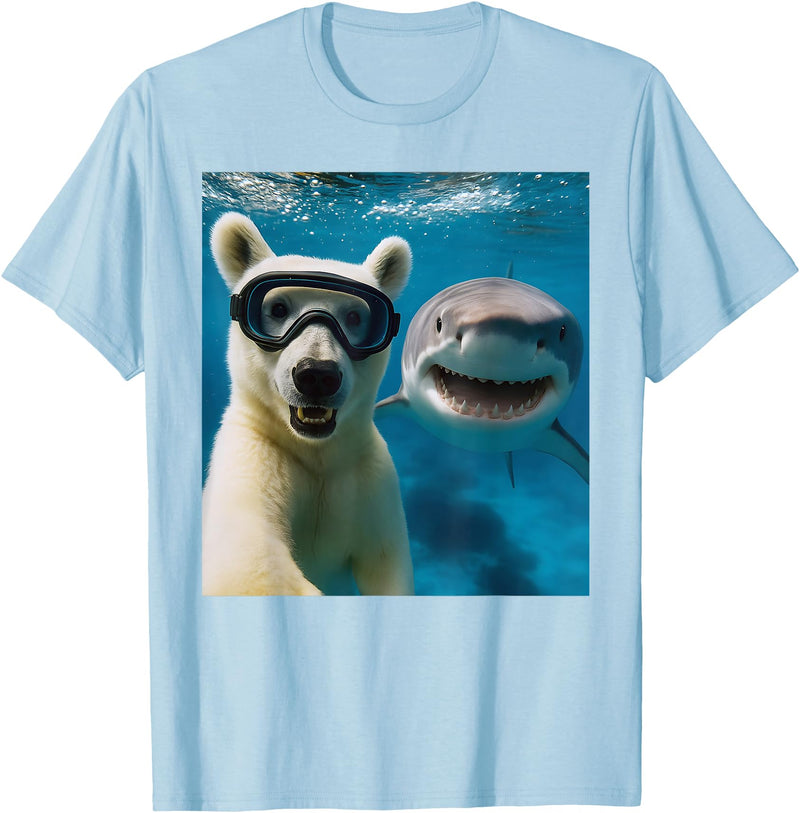 Selfie Polar Bear and Shark Summer Scuba Diving Funny Polar Bear Selfie with Shark Ocean Lovers T-Shirt - Baby Blue